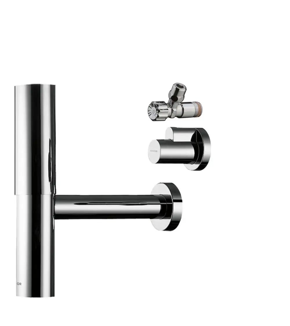 Chromfarbener Siphon mit Wandmontage, bestehend aus einem Hauptrohr und einem Anschluss, hergestellt von Hansgrohe.